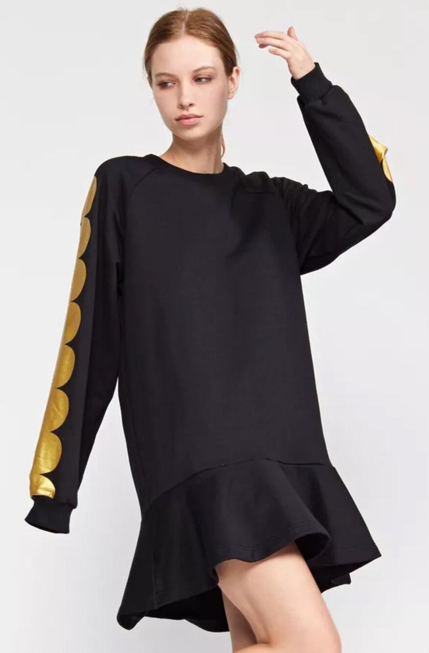 Black Scuba Sweatshirt Dress Gold Dots Ruffle Hem- Large